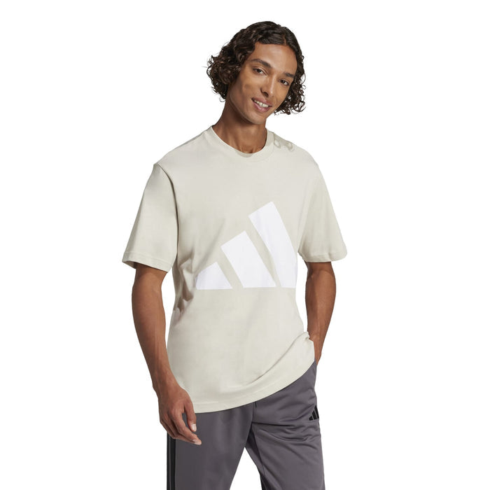 Mens off-white crew-neck tee with diagonal BOS logo print and short sleeves
