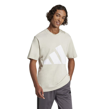 Mens off-white crew-neck tee with diagonal BOS logo print and short sleeves
