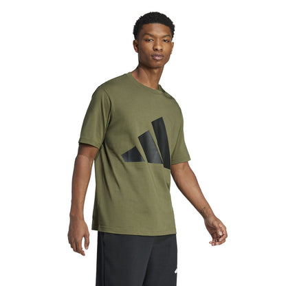 Men's olive crewneck graphic t-shirt, short sleeves, dark print across chest