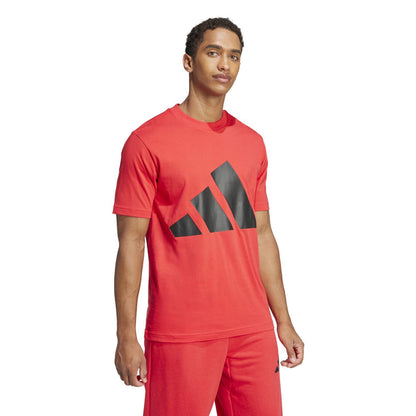 Men's red crewneck T-shirt with large black graphic logo on the chest