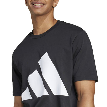 Black crew-neck T-shirt with oversized white logo graphic on the front.