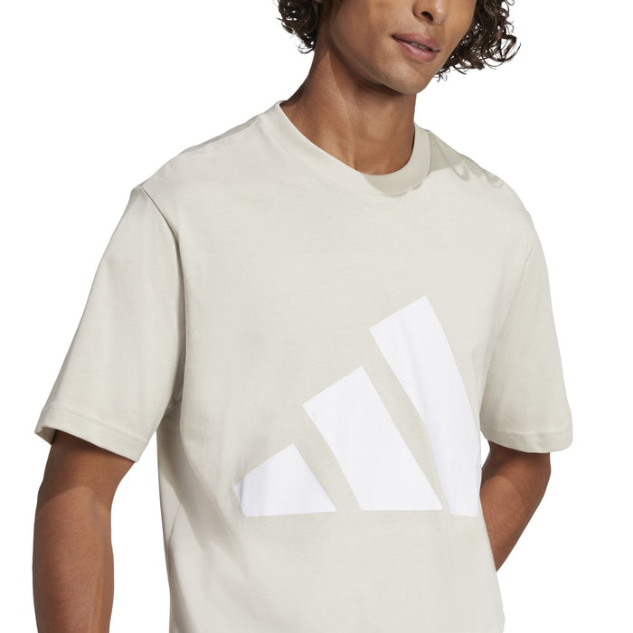 Off-white crew-neck tee close-up with large white BOS logo across the chest