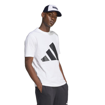 Men's white crewneck graphic T-shirt with black triple-stripe front print and short sleeves