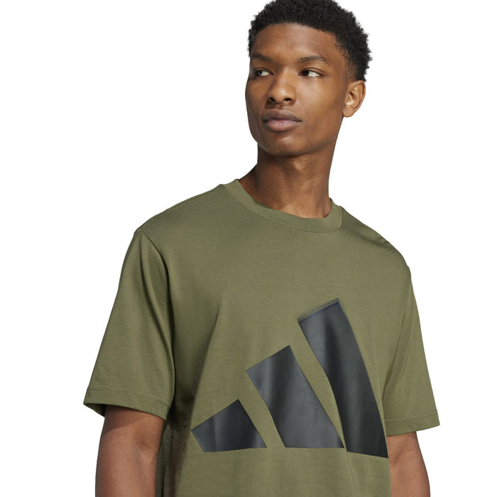 Men's olive crewneck t-shirt with oversized dark logo graphic at center