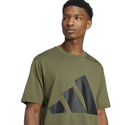 Men's olive crewneck t-shirt with oversized dark logo graphic at center