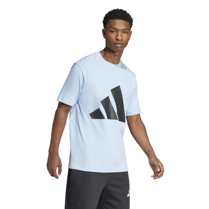 Men's light blue T-shirt with black logo graphic, short sleeves and crew neck