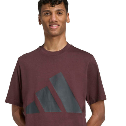 Men's brown crew-neck T-shirt with large blue-gray logo print, close-up