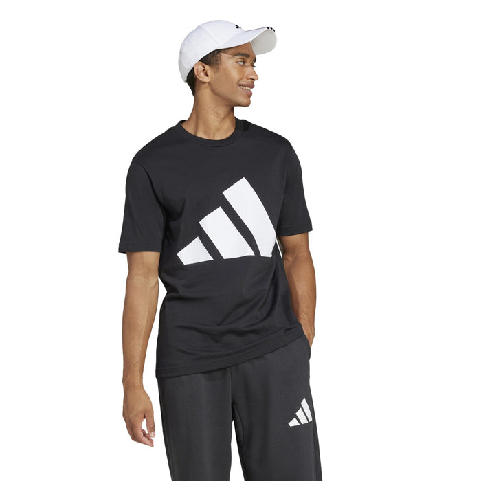 Black crew-neck T-shirt with large white logo graphic on the chest.