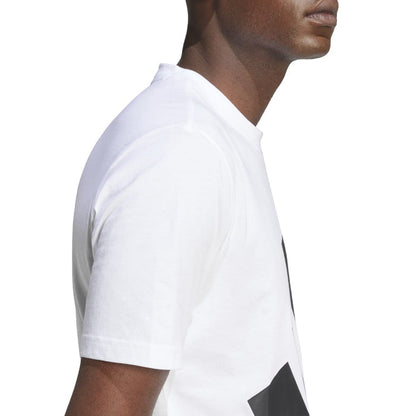 Men's white T-shirt, side view, with black triple-stripe graphic on the front