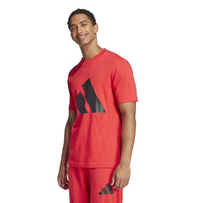 Men's red graphic T-shirt with large black chest logo and short sleeves