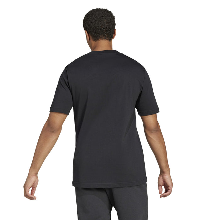 Black men’s T-shirt back view with crew neck and short sleeves.