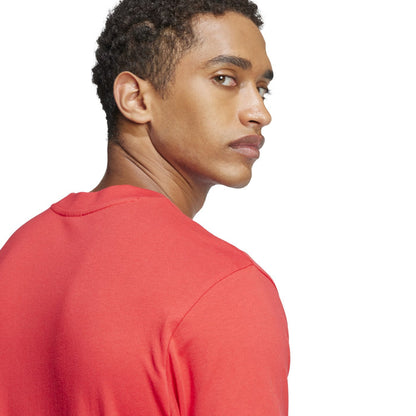 Men's red crewneck T-shirt shoulder and collar view, short sleeves