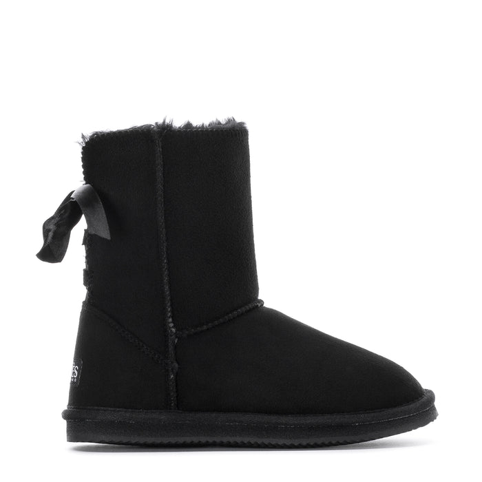 Kids black ankle boot with faux-fur cuff and satin bow detail