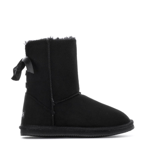 Kids black ankle boot with faux-fur cuff and satin bow detail
