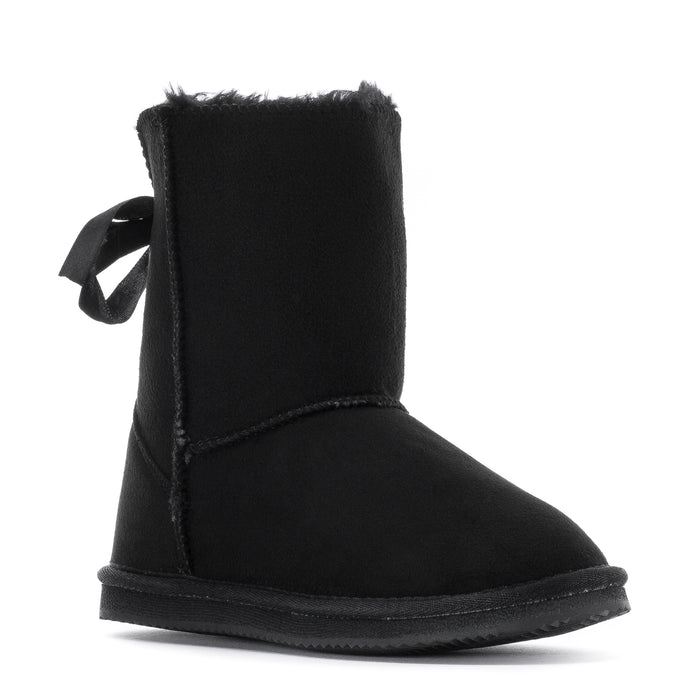 Kids black ankle boot with faux-fur lining and side bow