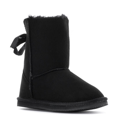 Kids black ankle boot with faux-fur lining and side bow