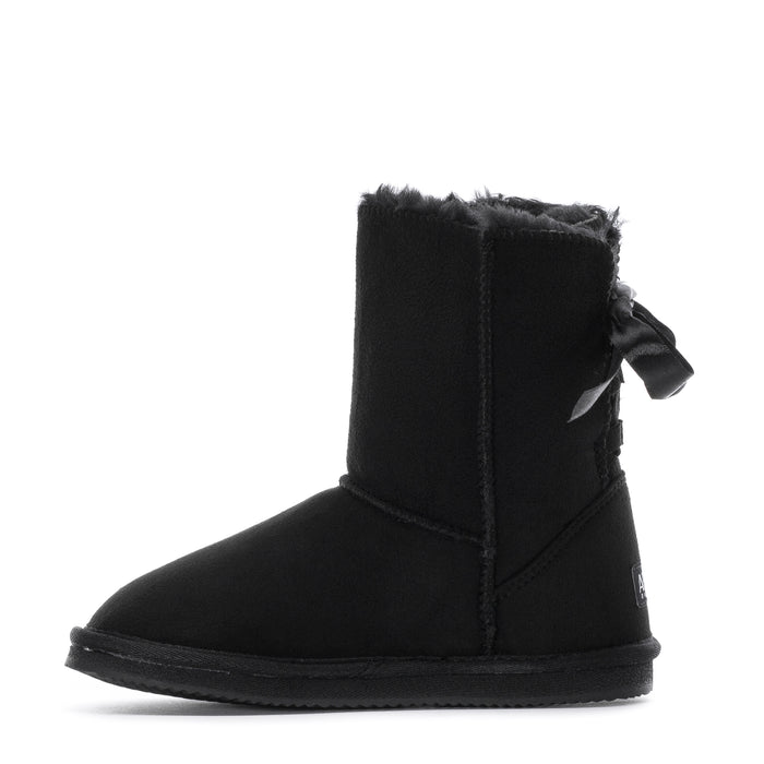 Kids black ankle boot with faux-fur cuff, stitched side seam, and bow