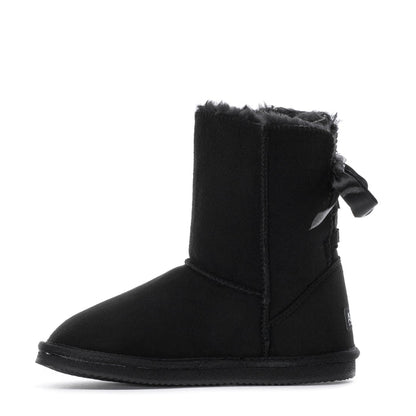 Kids black ankle boot with faux-fur cuff, stitched side seam, and bow