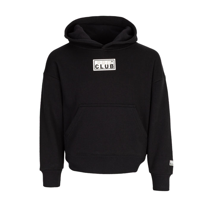 Youth black hoodie with front kangaroo pocket and square 'CLUB' logo patch
