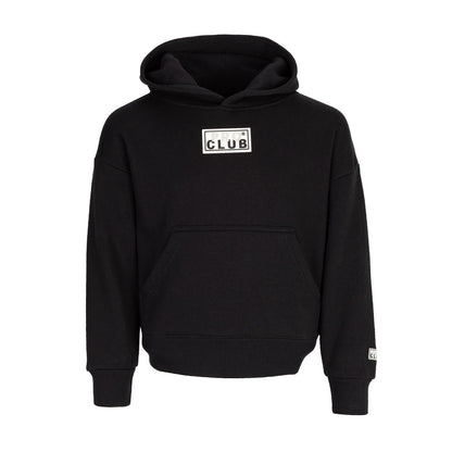 Youth black hoodie with front kangaroo pocket and square 'CLUB' logo patch