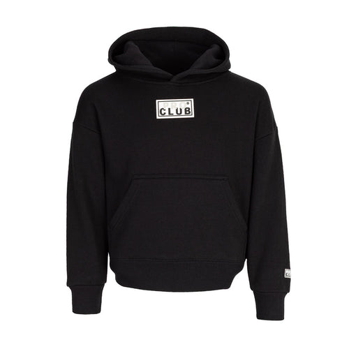 Youth black hoodie with front kangaroo pocket and square 'CLUB' logo patch