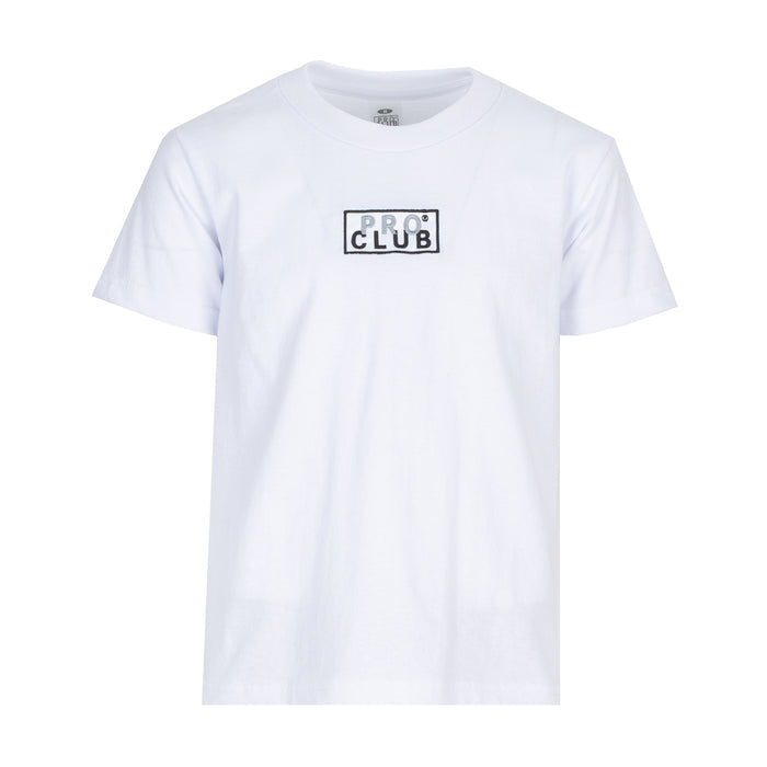 White youth crewneck T-shirt with PRO CLUB box logo on chest.