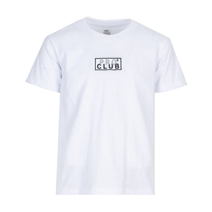 White youth crewneck T-shirt with PRO CLUB box logo on chest.