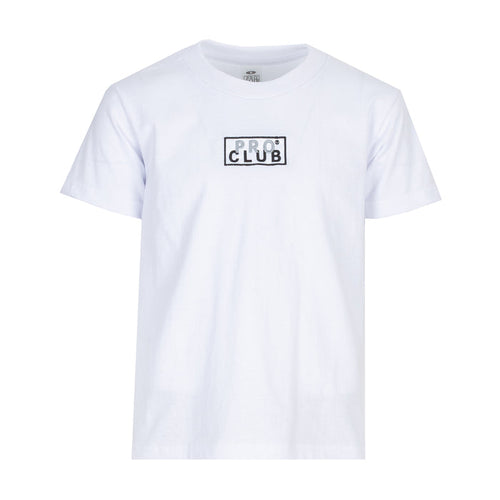 White youth crewneck T-shirt with PRO CLUB box logo on chest.