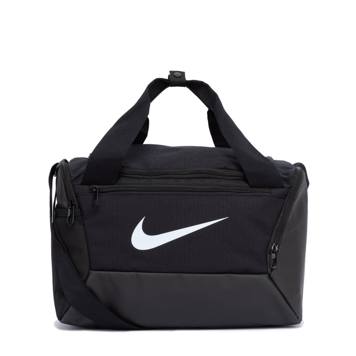 Black Nike duffel bag with top handles, front zip pocket, and large swoosh logo