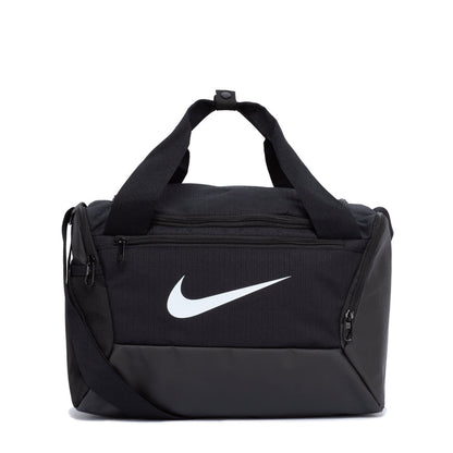 Black Nike duffel bag with top handles, front zip pocket, and large swoosh logo