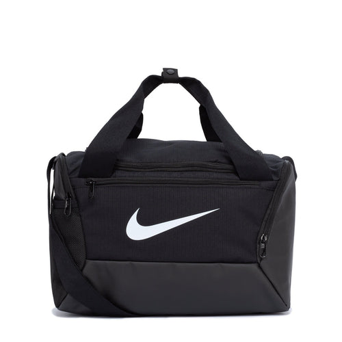 Black Nike duffel bag with top handles, front zip pocket, and large swoosh logo