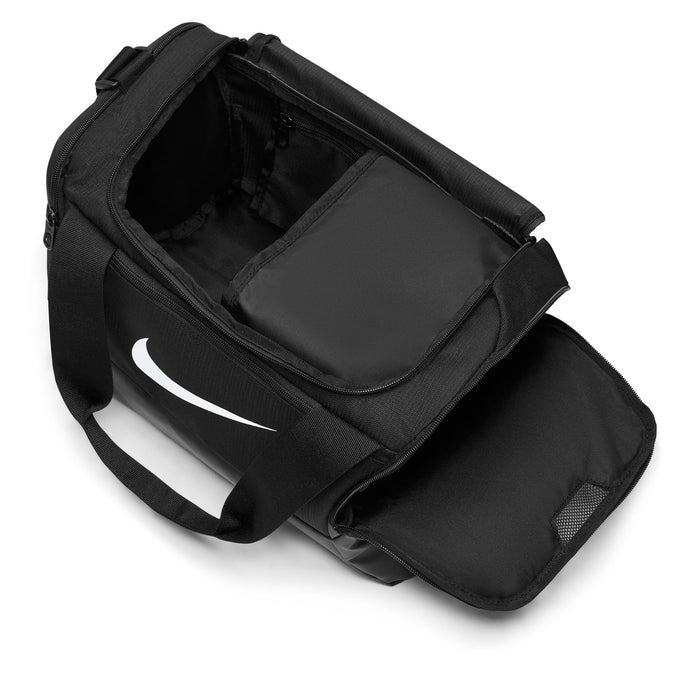 Black Nike duffel bag with open top showing interior compartment and straps