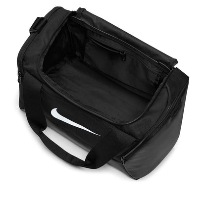 Black Nike duffel bag interior view with open zipper and front panel pocket