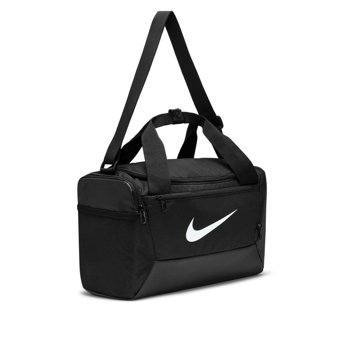 Black Nike duffel bag with adjustable shoulder strap and white swoosh logo