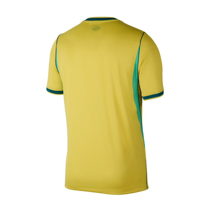 Yellow Brazil home soccer jersey back view with teal collar trim