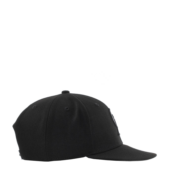Black baseball cap with curved brim and stitched panels