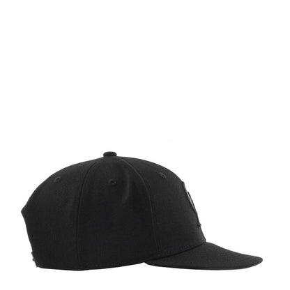 Black baseball cap with curved brim and stitched panels