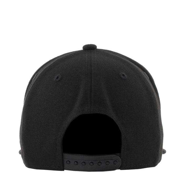 Black baseball cap with open back panel and adjustable strap