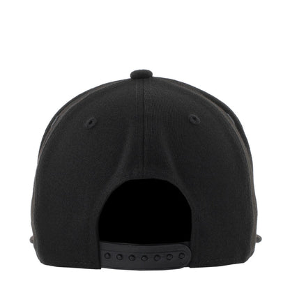 Black baseball cap with open back panel and adjustable strap