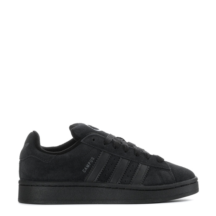 Youth black low-top sneakers with black laces and three side stripes
