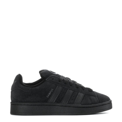 Youth black low-top sneakers with black laces and three side stripes