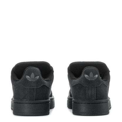 Black youth sneakers with heel view and trefoil logo on the back
