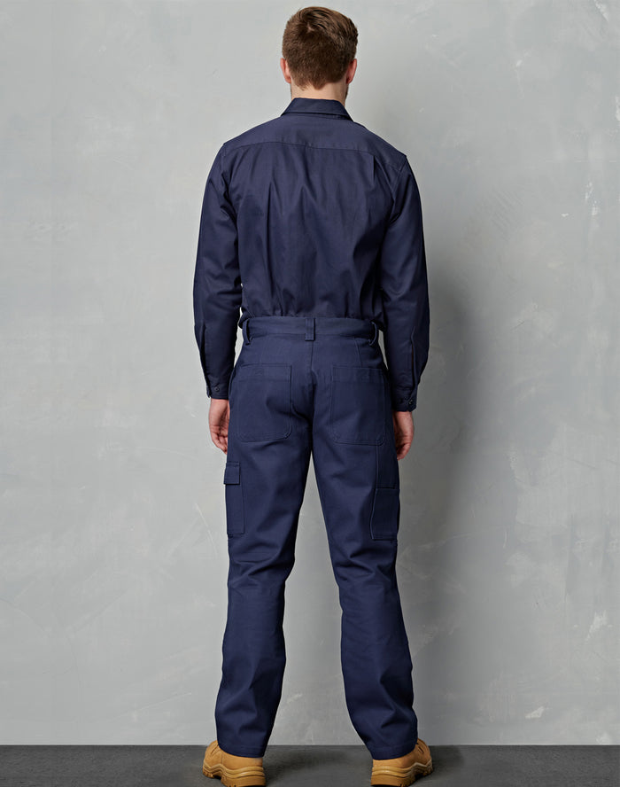 Navy blue heavy drill workwear coverall with cargo pockets button-up collar ideal for durable work uniforms
