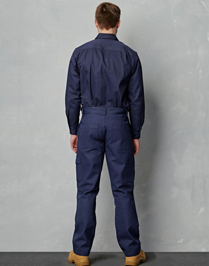 Navy blue heavy drill workwear coverall with cargo pockets button-up collar ideal for durable work uniforms