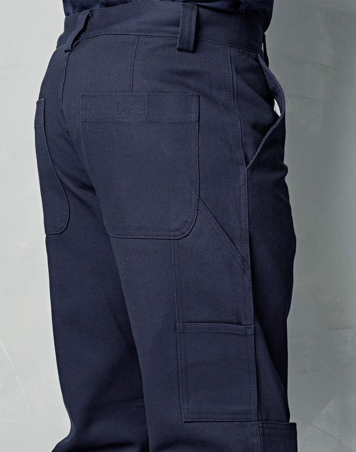 Dark navy blue heavy drill cargo work pants with knee pads multiple pockets durable fabric for workwear uniforms