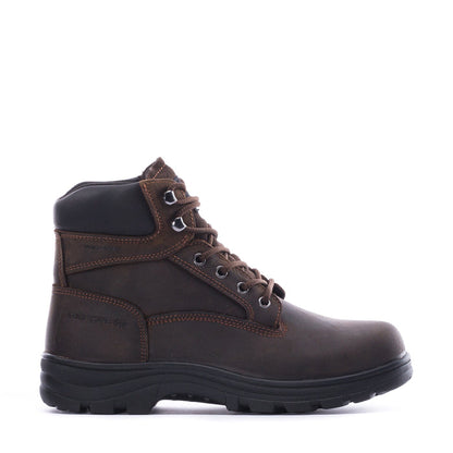 Brown men's lace-up boot side view with stitched panels and black tread outsole