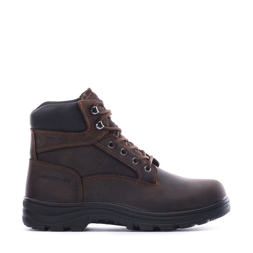 Brown men's lace-up boot side view with stitched panels and black tread outsole