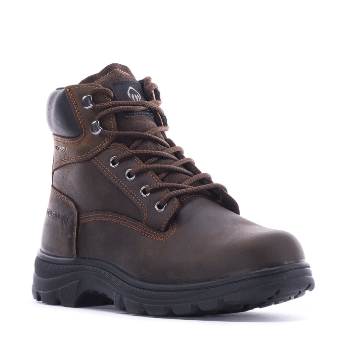 Brown men's lace-up ankle boot with padded collar and black rubber tread sole