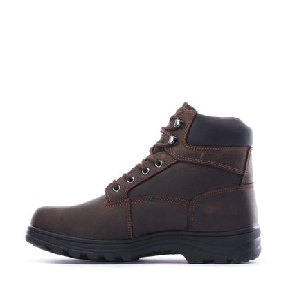 Brown men's lace-up boot profile view with side strap, padded collar, and black outsole