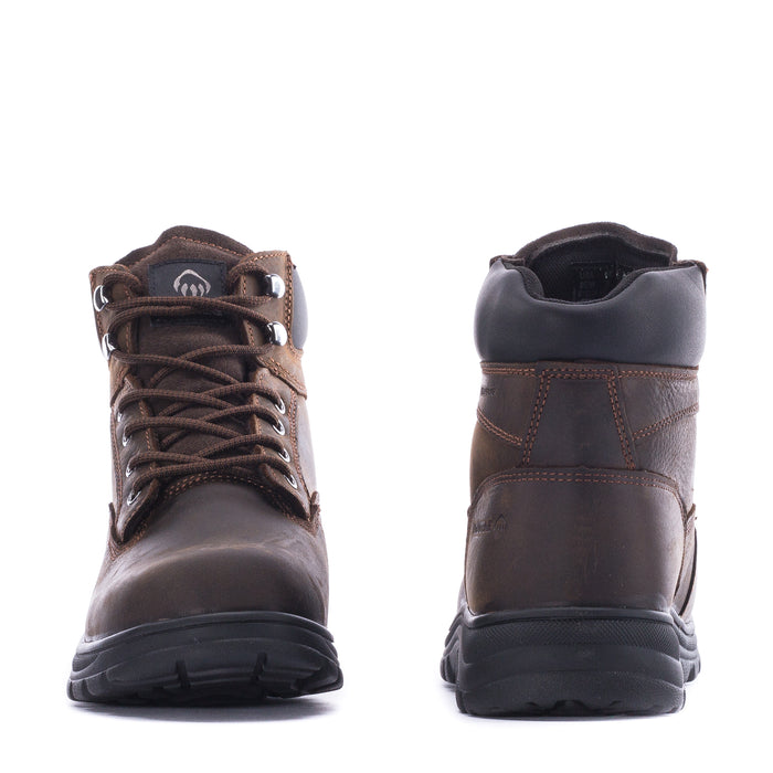 Brown men's lace-up boot front and heel views with padded lining and black outsole